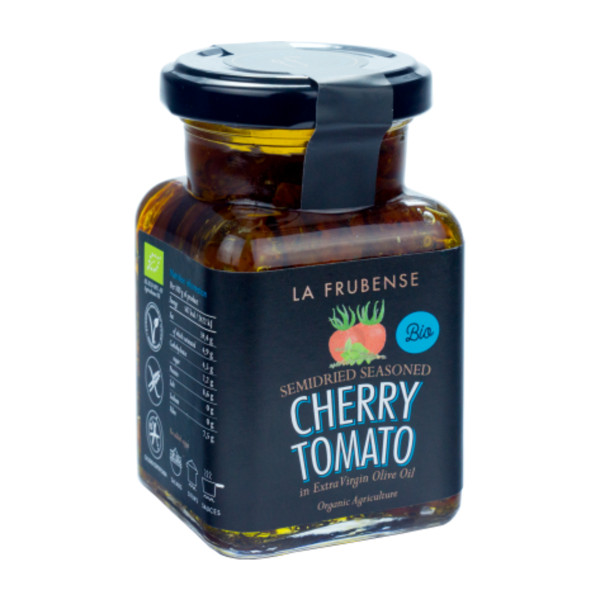 BIO POLOSUŠENÁ CHERRY RAJČATA V EXTRA PANENSKÉM OLIVOVÉM OLEJI S KOŘENÍM