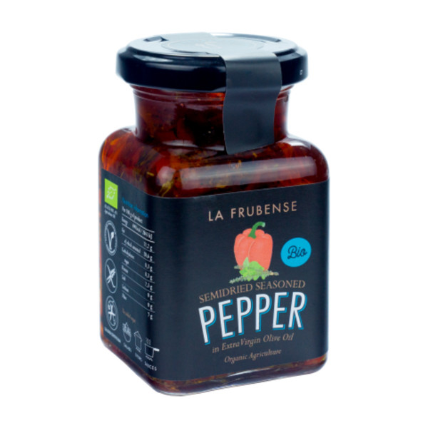 BIO POLOSUŠENÁ PAPRIKA V EXTRA PANENSKÉM OLIVOVÉM OLEJI S KOŘENÍM